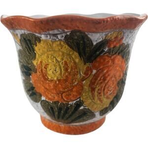 Retro Italian Pottery Orange Yellow Floral Texted Planters Made in Italy Set~2